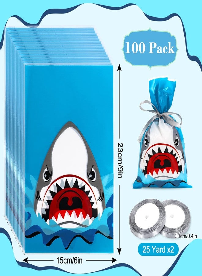 Whaline 100Pcs Shark Treat Bags Summer Ocean Sea Candy Cellophane Bag 6 x 9 Inch Blue Shark Plastic Goody Bags with Grey Ribbon for Birthday Shark Party Favor Supplies Gift Summer Decoration - Image 2